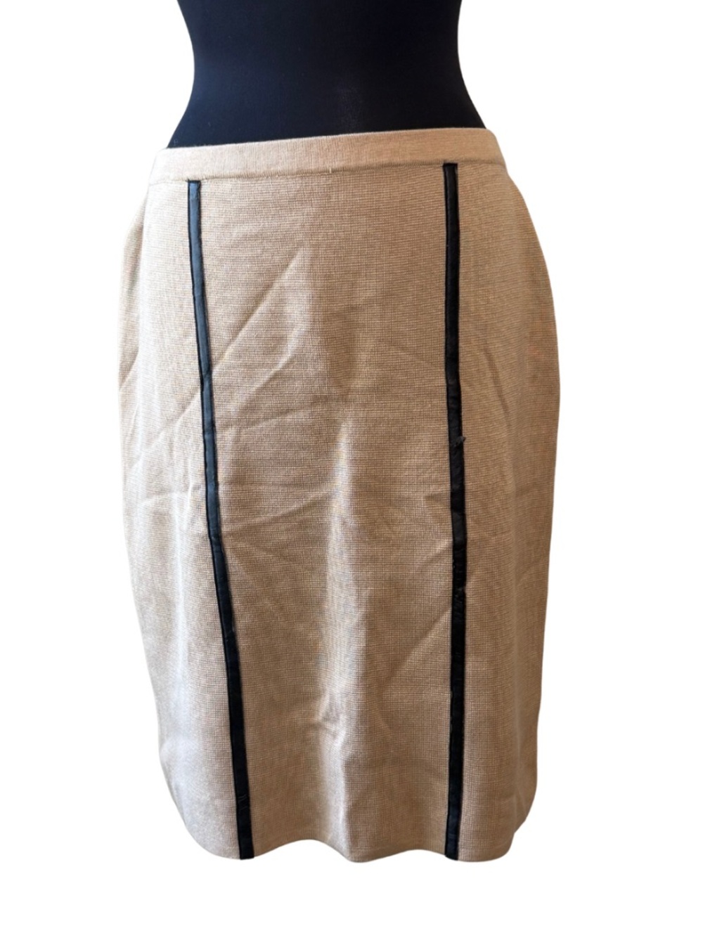 CALVIN KLEIN Beige Pencil Skirt Black Faux Leather Trim Size Large